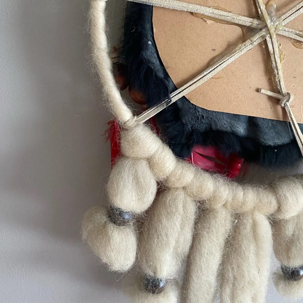 RARE INDIAN VINTAGE LARGE HANDMADE DREAM CATCHER Fur Feather Native Boho 12x18 - Picture 13 of 13